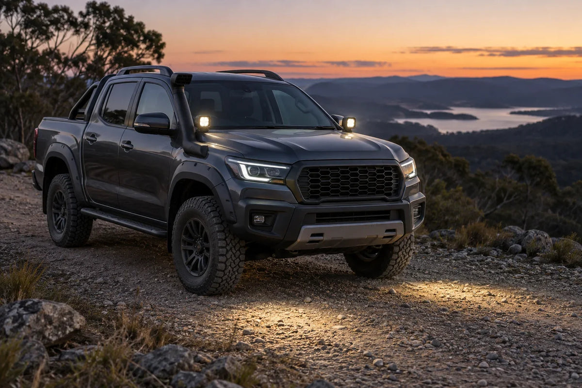 Generic AI concept of a parked unbranded 4WD ute with small A-pillar auxiliary lights; not an NR product or GWM fitment photograph