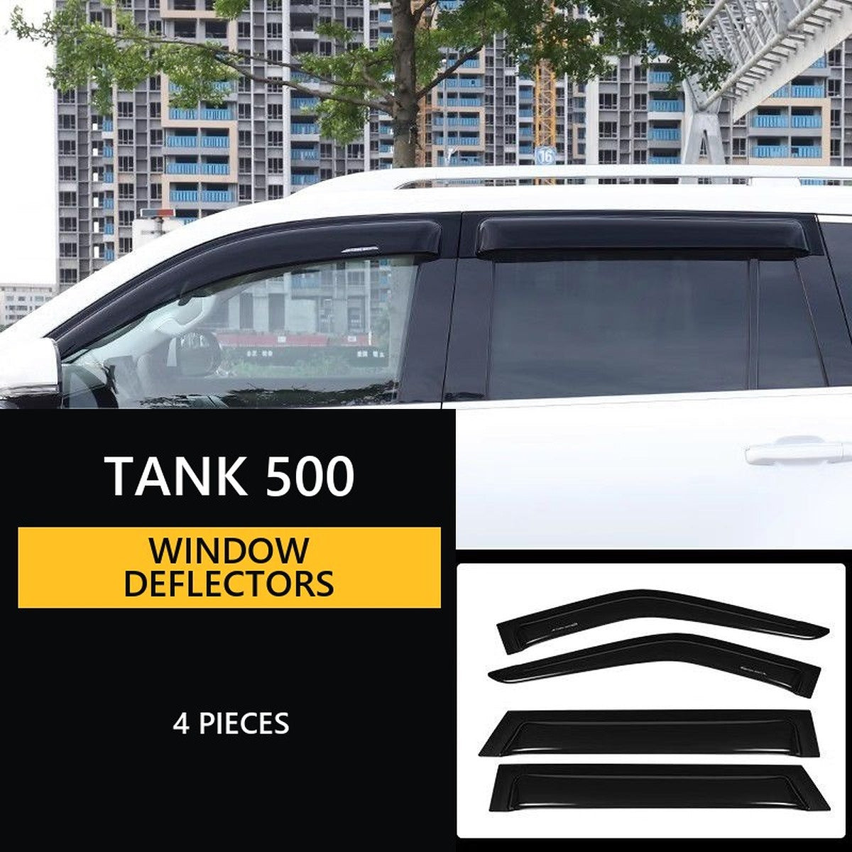 Catalogue view of TANK 500 window deflectors with a four-piece set shown below the vehicle