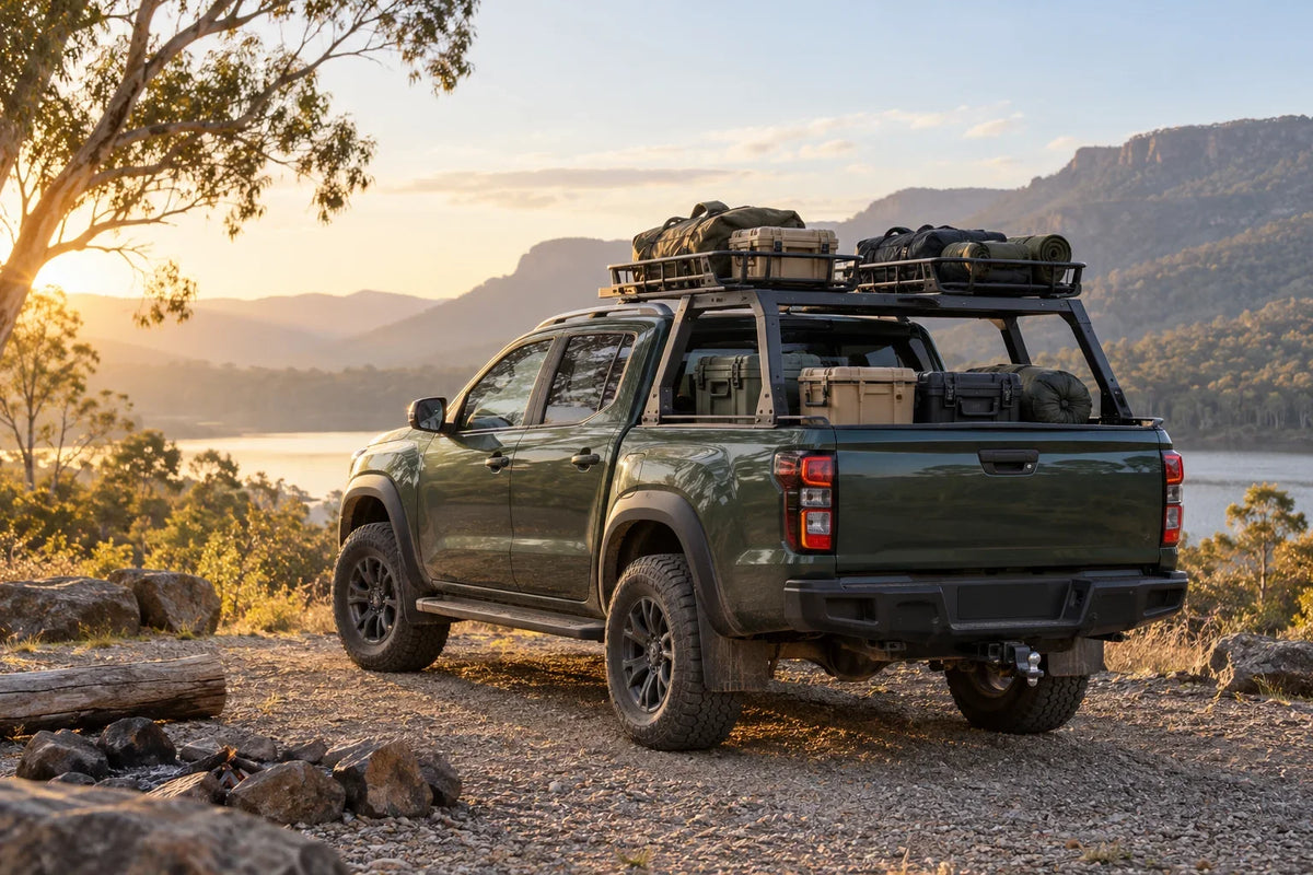 Generic AI concept of an unbranded Australian dual-cab ute with a touring tub gantry and cargo; not a photograph of the Landace product or a GWM vehicle
