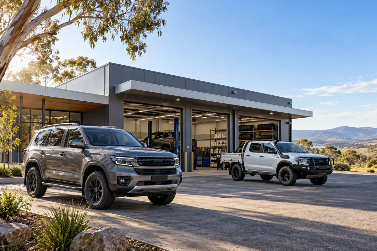 AI editorial concept of an unbranded Australian vehicle service facility with a 4WD and ute; not a photograph of a GWM dealership or parts hub