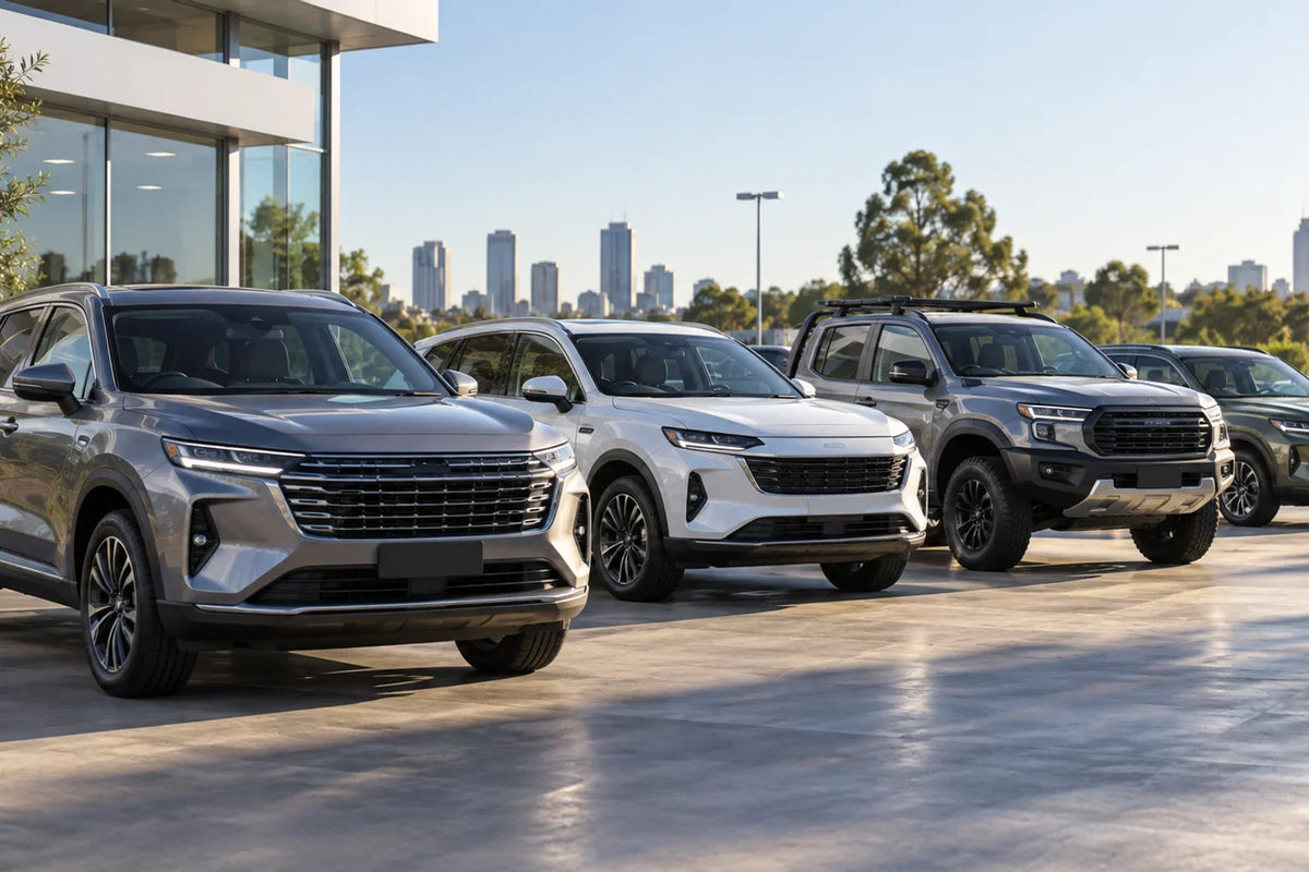 Generic AI concept of unbranded SUVs and a dual-cab ute at an Australian vehicle delivery lot; not actual GWM models or a real dealership