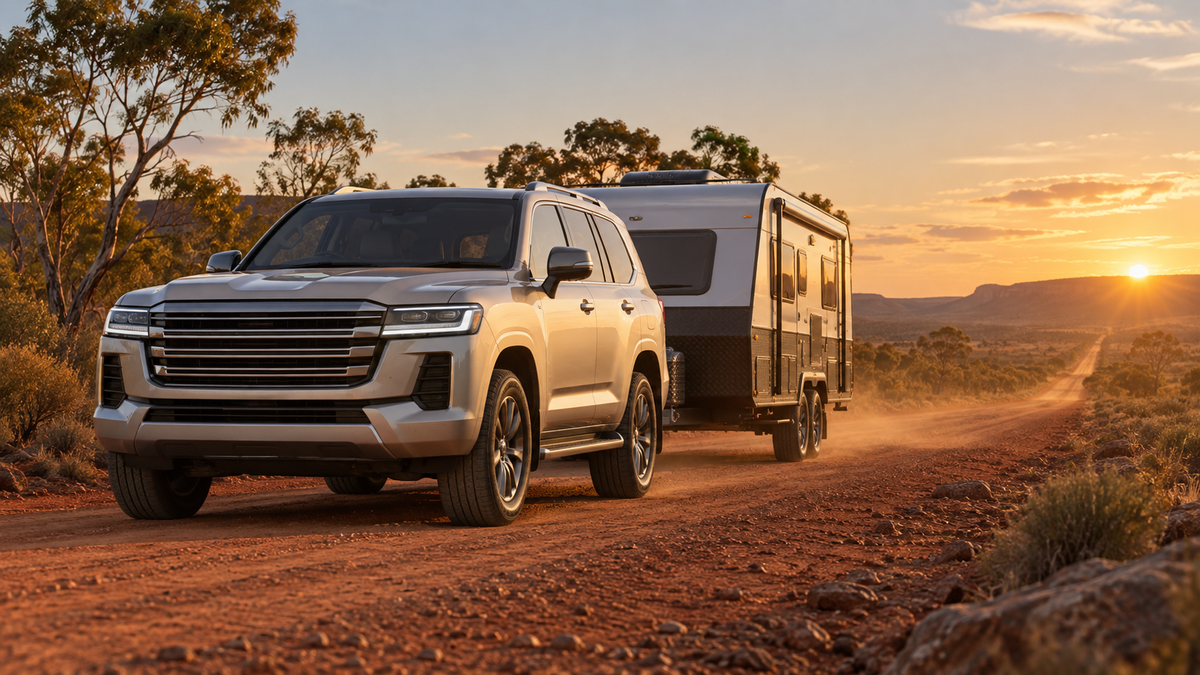 AI editorial concept of a large 4x4 SUV towing a caravan on an Australian outback road at golden hour