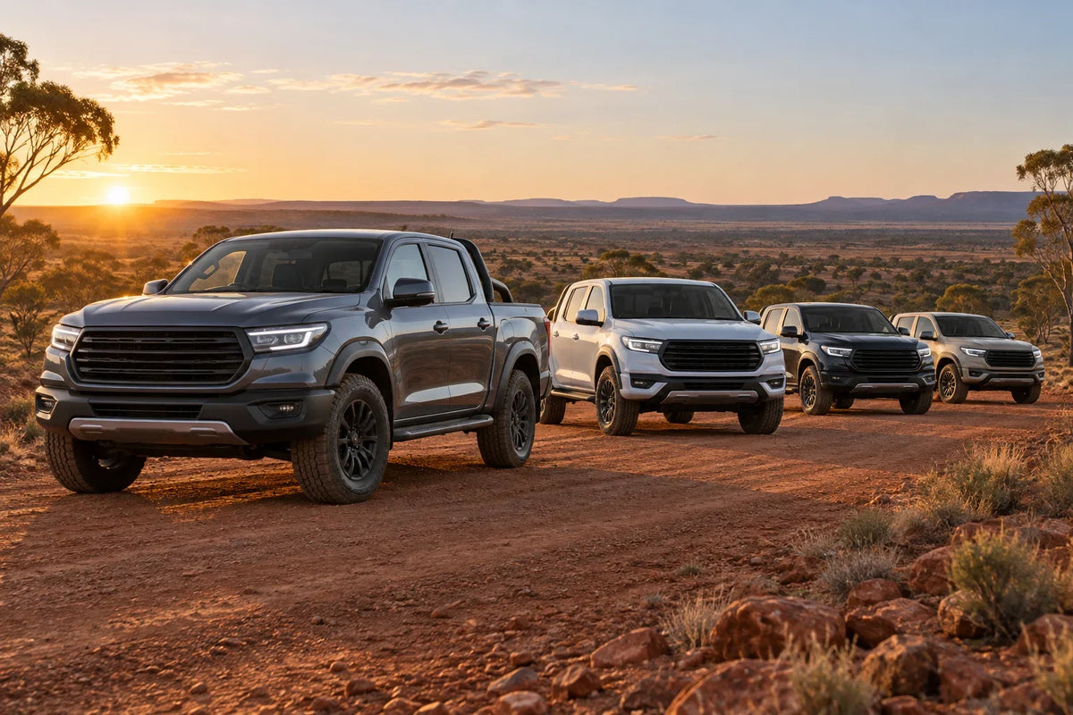 AI editorial concept showing unbranded dual-cab utes on an Australian dirt road; not an official GWM image or sales event