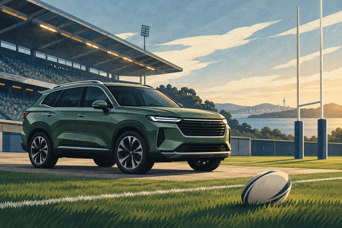 AI editorial illustration of a generic unbranded SUV beside a rugby field, not an actual GWM vehicle or Warriors event