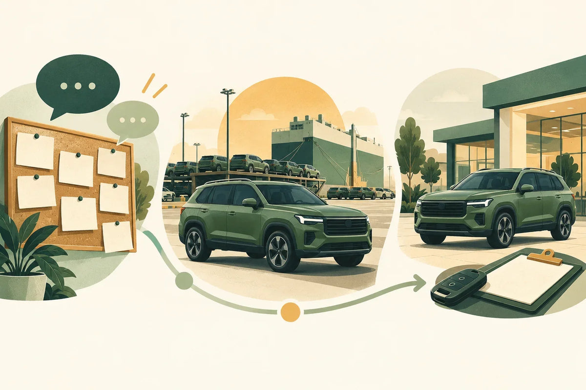 AI-generated editorial illustration separating customer enquiries, vehicle shipment and dealership handover using a generic unbranded SUV