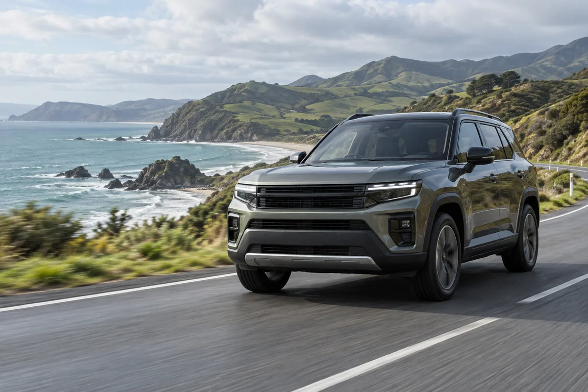 Generic AI editorial concept of an unbranded electrified SUV on a New Zealand coastal road; not a photograph of the Haval H7