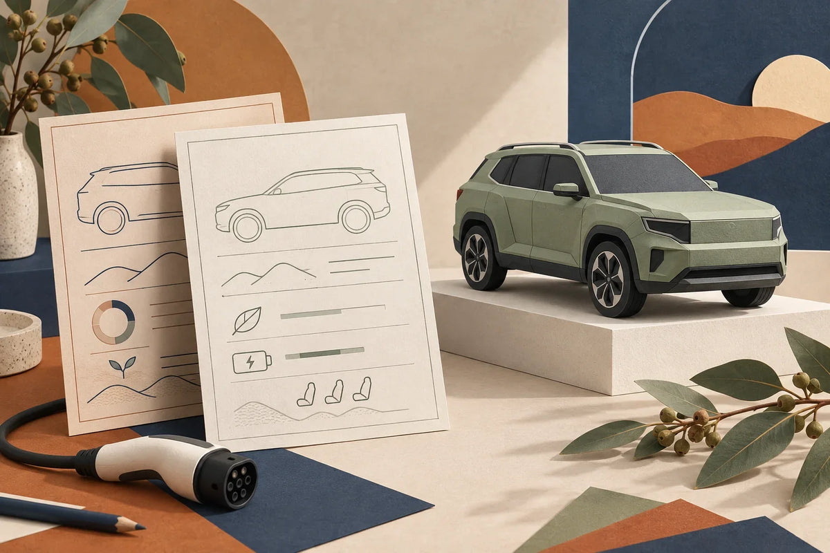 AI editorial concept of a generic SUV design model beside specification cards, illustrating a model-generation change