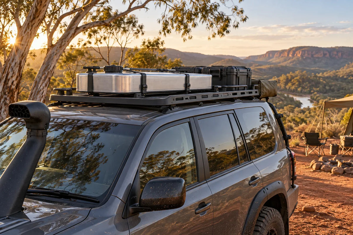Generic AI editorial concept of a slim roof water tank on an unbranded Australian touring 4WD; not a Landace or GWM fitment photograph