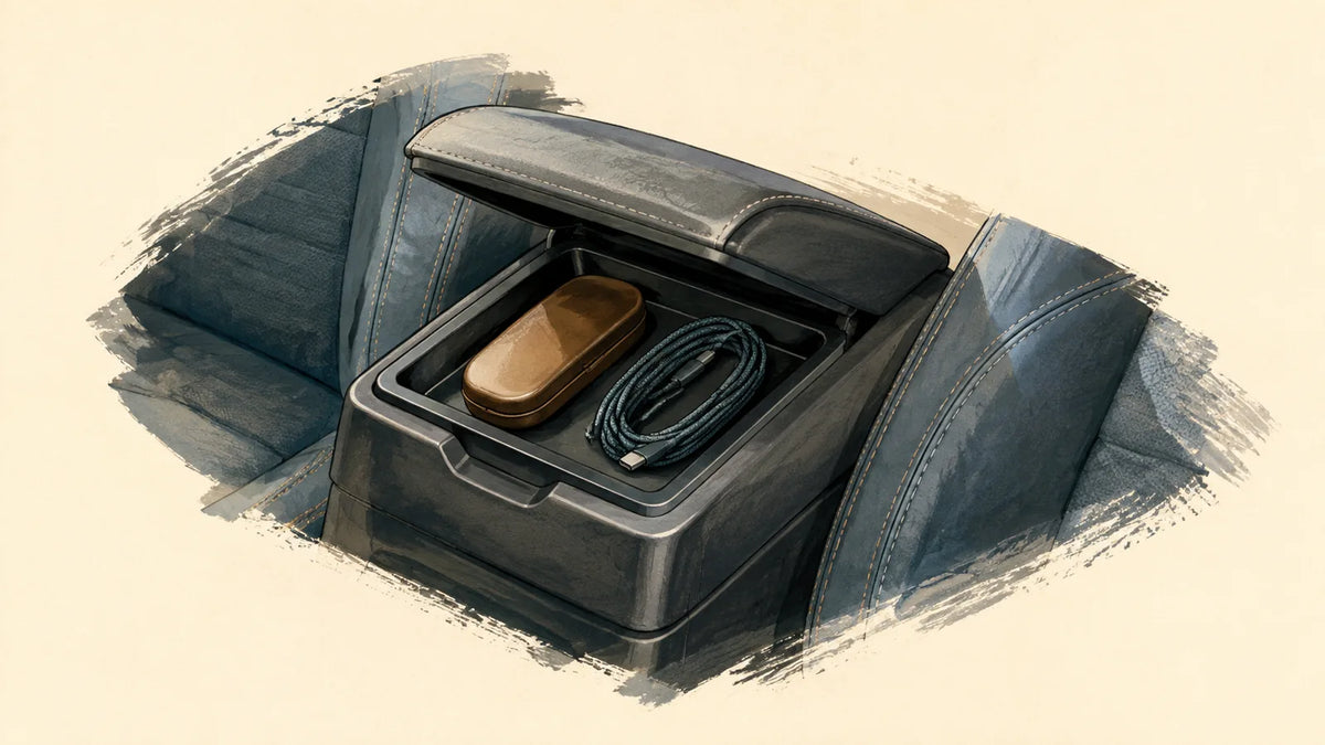 Editorial illustration of a generic raised centre armrest with a glasses case and cable in its storage tray