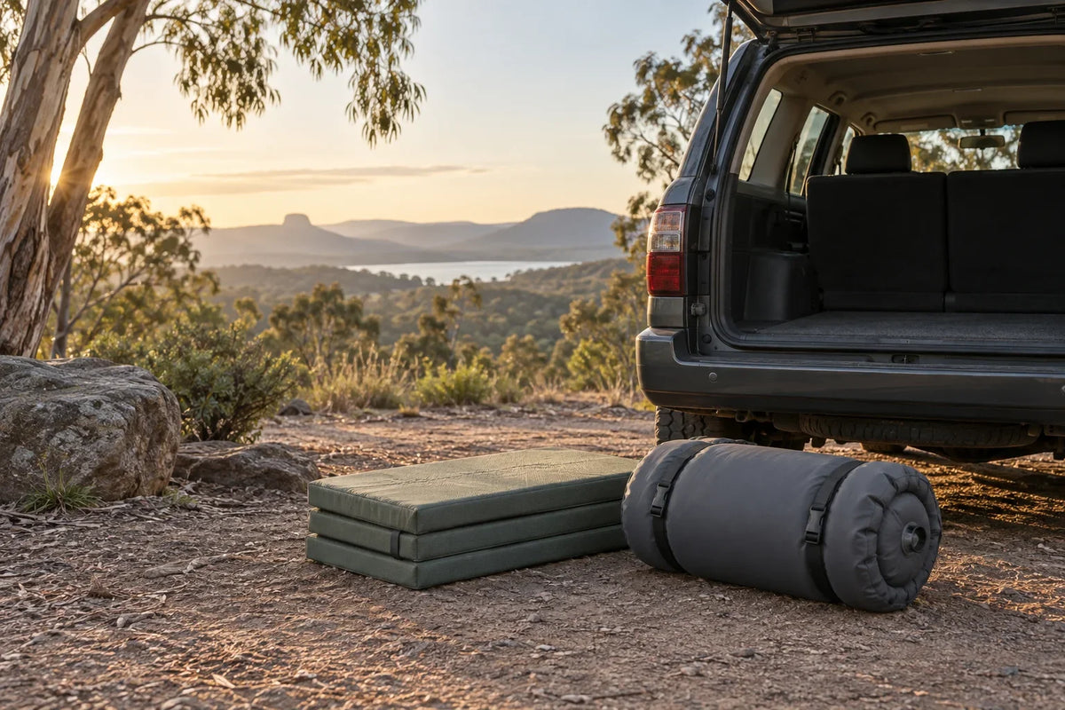 AI editorial concept of folded and inflatable camping mattresses beside an unbranded four-wheel-drive SUV; not a TANK 300 fitment photo