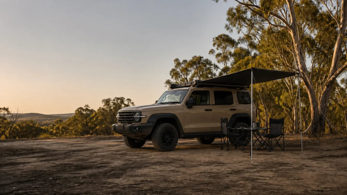 Tank 300 side awning concept at an Australian bush campsite