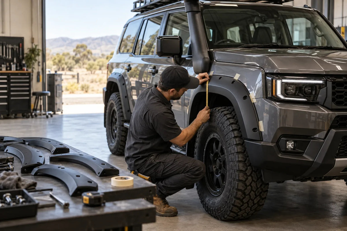 AI editorial concept of a mechanic measuring and dry-fitting matte-black wheel-arch flares to a generic boxy 4WD in an Australian workshop