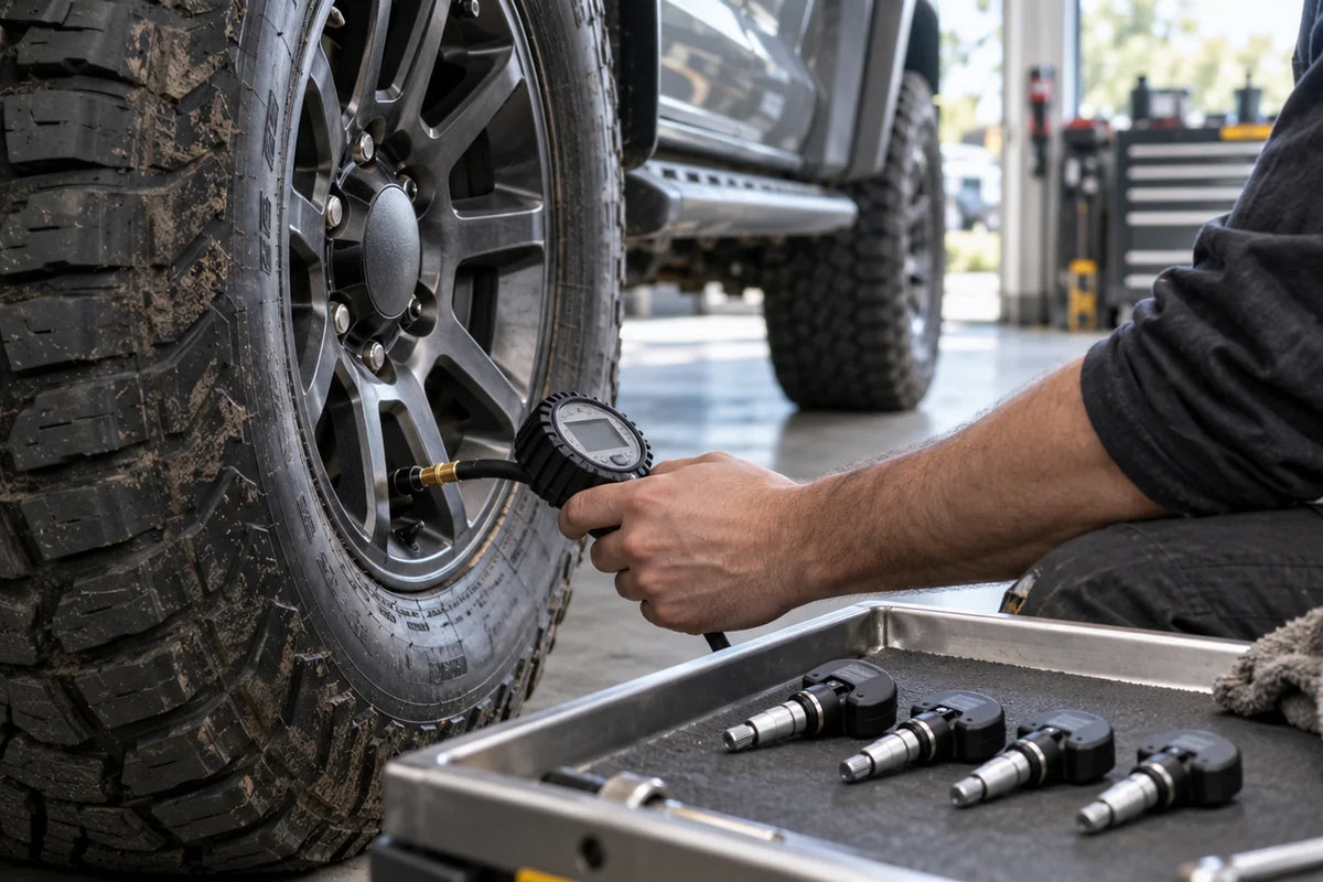 Generic AI editorial concept of a tyre technician checking a four-wheel-drive tyre beside unbranded pressure sensors; not a TANK 500 fitment photograph