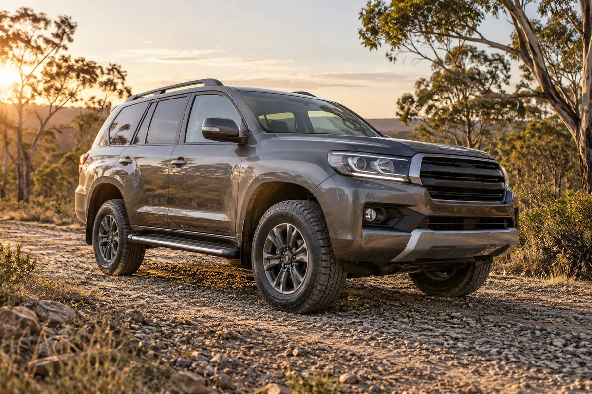 Generic AI concept of an unbranded 4WD with side steps on an Australian track; not a photograph of any listed TANK 300 product or verified fitment