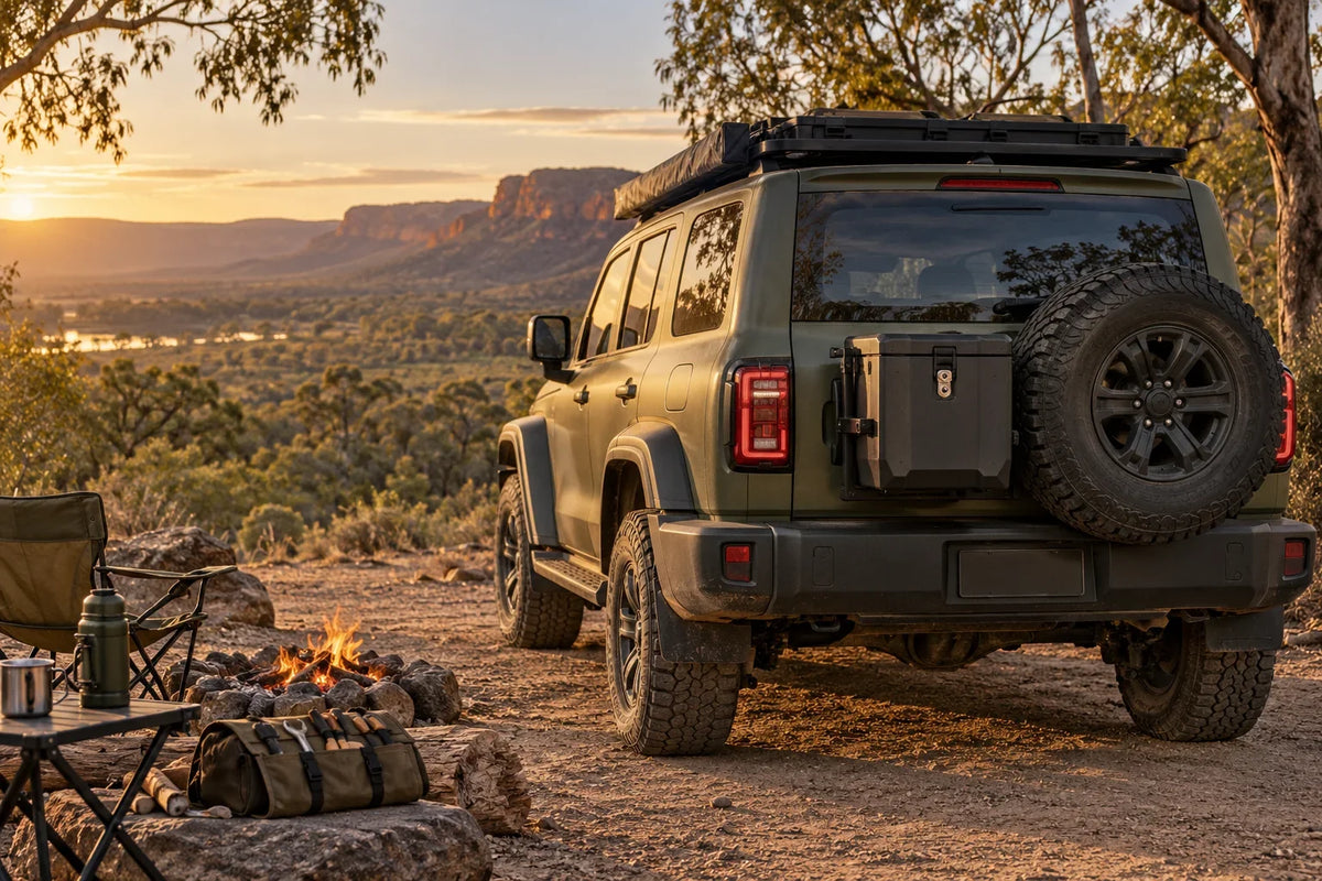 Generic AI editorial concept of an unbranded four-wheel drive with a rear storage box at a campsite; not a JUSN or GWM fitment photograph