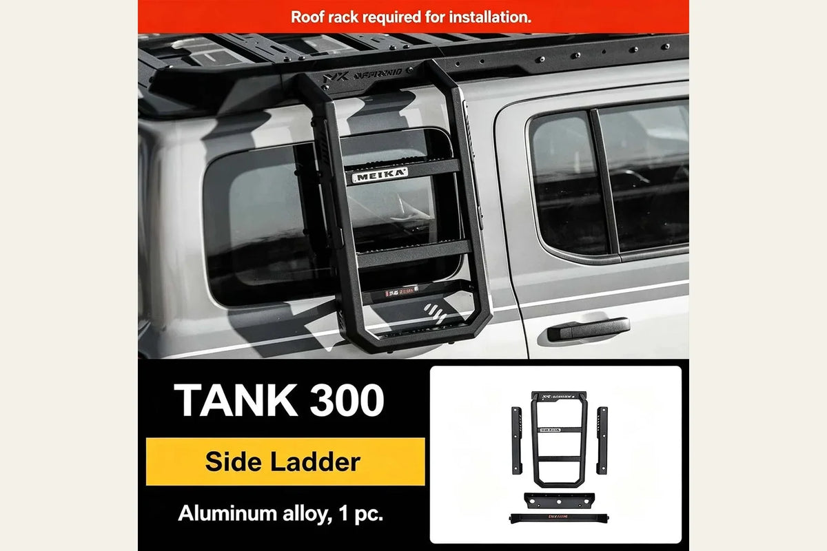 Meika TANK 300 side-ladder product gallery image showing an example roof-rack installation and the separate ladder components