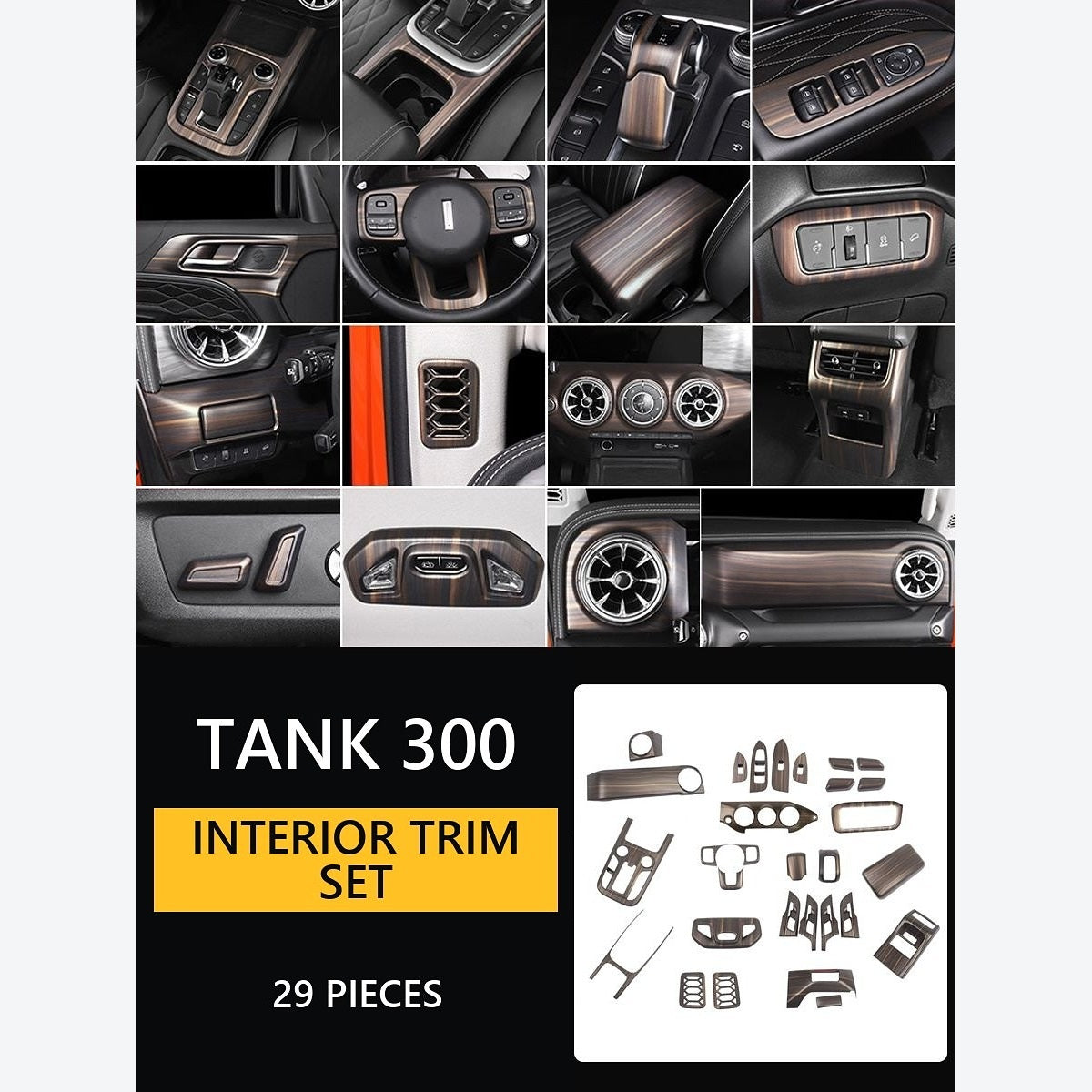 Wood-Look Interior Trim Collection for GWM Tank 300 – 29-Piece Interior Trim Kit – Dark Walnut