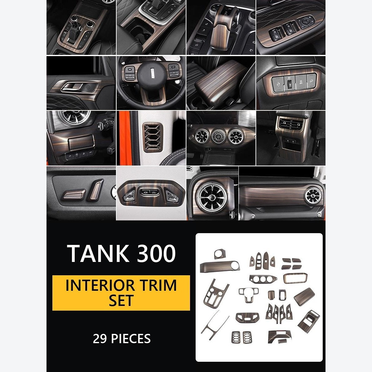 Wood-Look Interior Trim Collection for GWM Tank 300 – 29-Piece Interior Trim Kit – Light Walnut