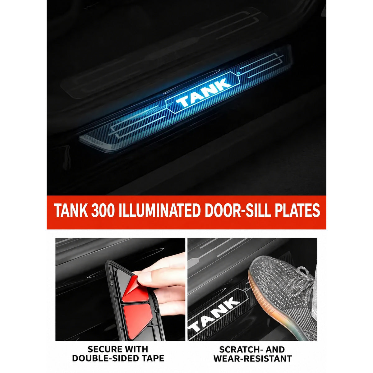 Battery-Powered LED Door Sill Plates for GWM Tank 300 – 4-Piece Set – product detail 1