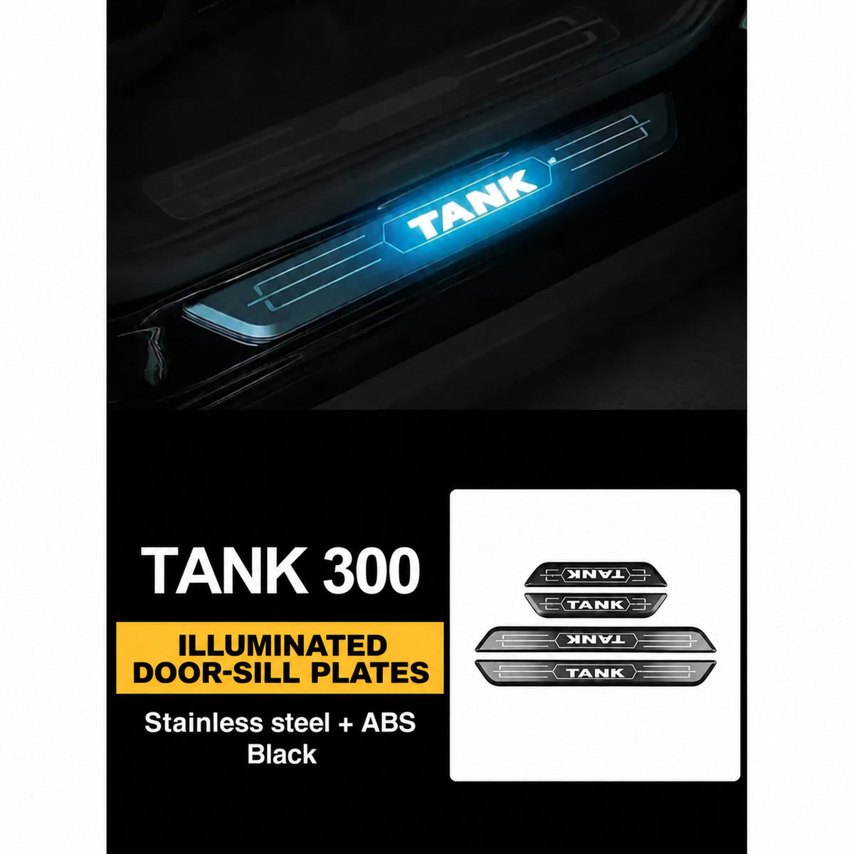 Battery-Powered LED Door Sill Plates for GWM Tank 300 – 4-Piece Set – black