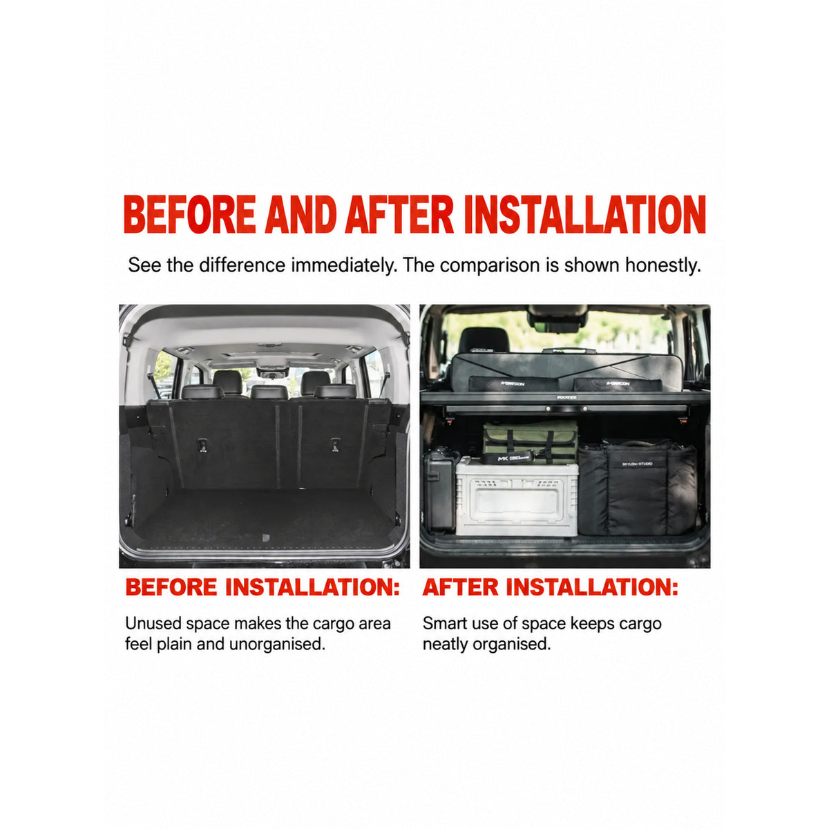 GWM Tank 300 cargo area before and after installing the modular storage rack