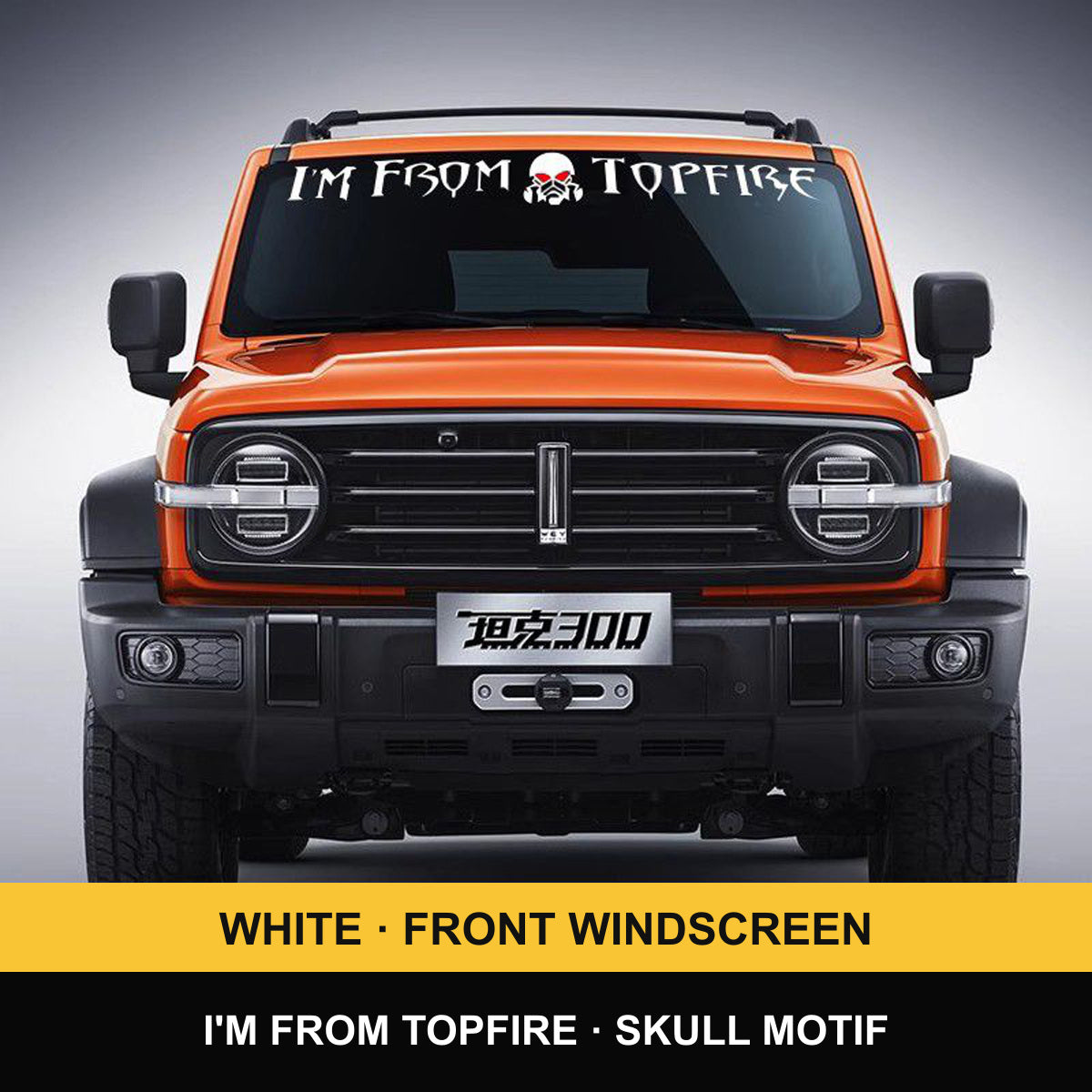 GWM Tank 300 Front Windscreen – I’m from TOPFIRE + Skull decals – verified product photograph