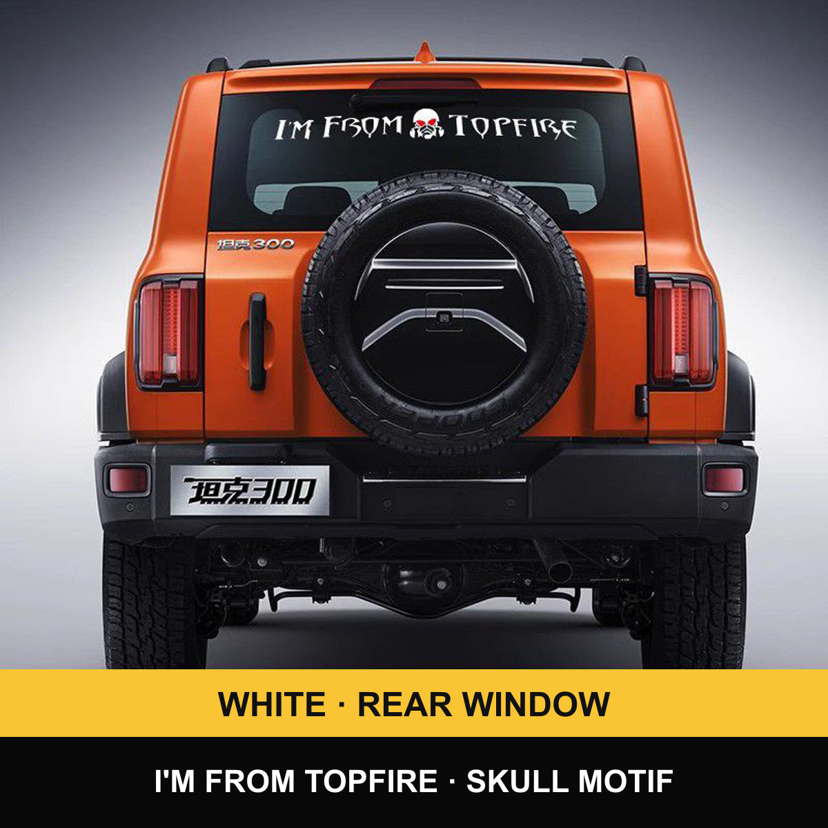 GWM Tank 300 Rear Window – I’m from TOPFIRE + Skull decals – verified product photograph