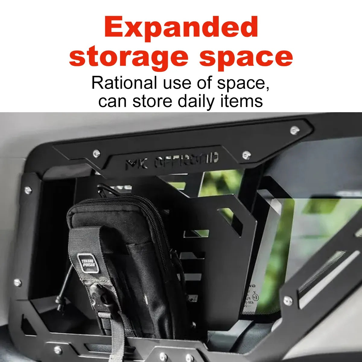 Tank 400 rear cargo window frame with mounted accessory