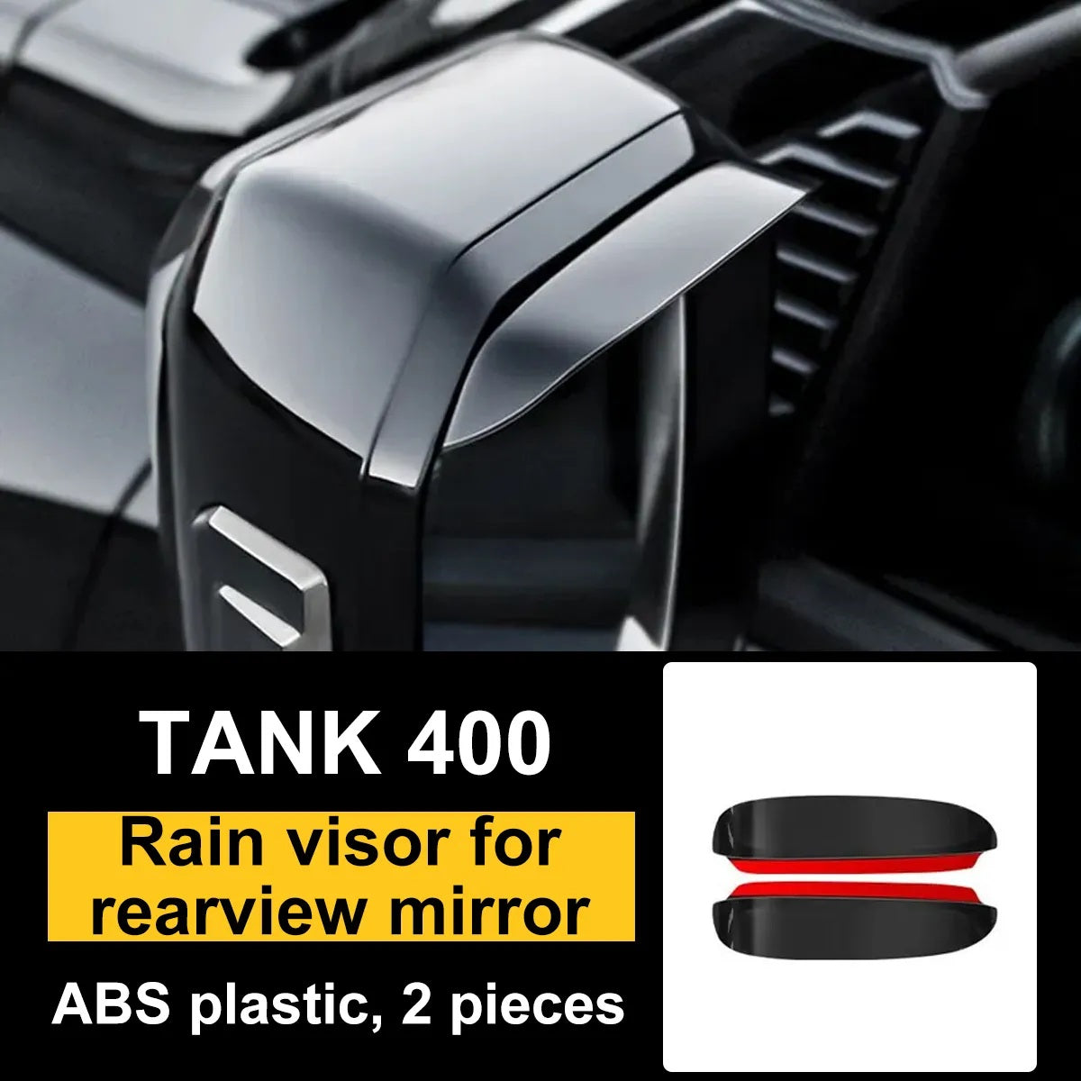 Black side-mirror rain visors for GWM Tank 400, two-piece set