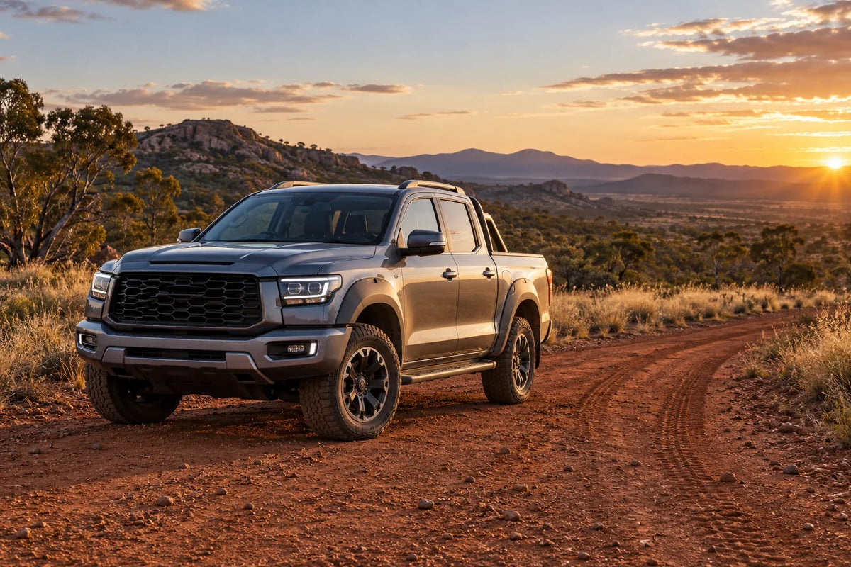 Generic AI concept of an unbranded dual-cab ute on an Australian track; not an official Cannon Alpha photograph