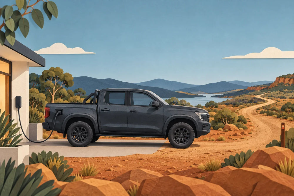 AI editorial illustration of an unbranded plug-in hybrid ute between home charging and an Australian touring landscape
