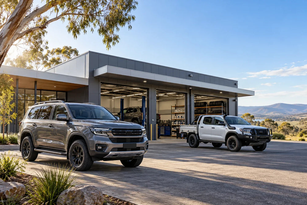 AI editorial concept of an unbranded Australian vehicle service facility with a 4WD and ute; not a photograph of a GWM dealership or parts hub