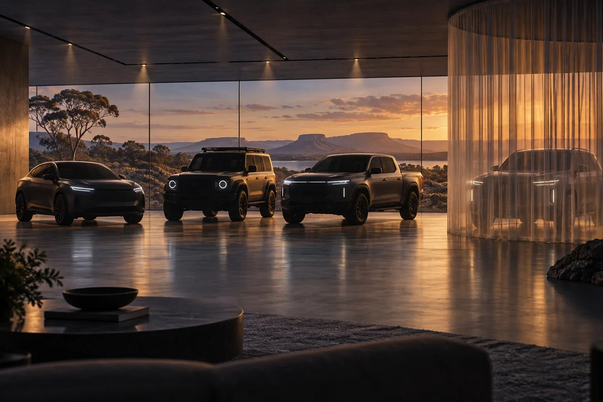 Generic AI concept of unbranded SUVs and a ute in a future-vehicle studio; not a GWM launch image or depiction of confirmed Australian models