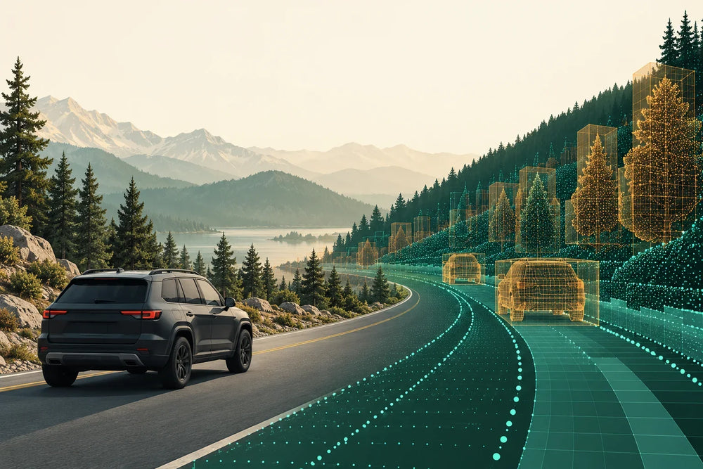 AI-generated editorial concept illustration of a generic unbranded SUV and an abstract road simulation with point clouds and occupancy grids