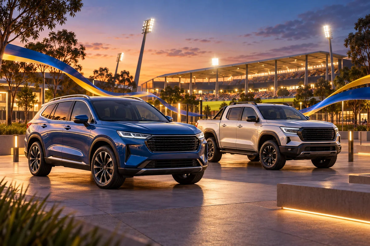 AI editorial concept of generic vehicles outside an imagined rugby stadium with blue and gold ribbons; not a photograph of GWM vehicles or an Eels event