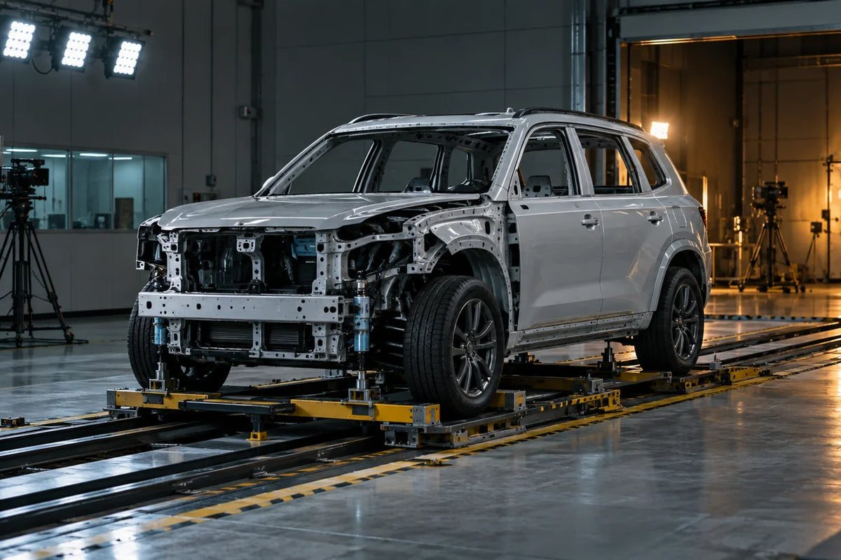 Generic AI editorial concept of a vehicle safety laboratory; not a GWM crash-test photograph