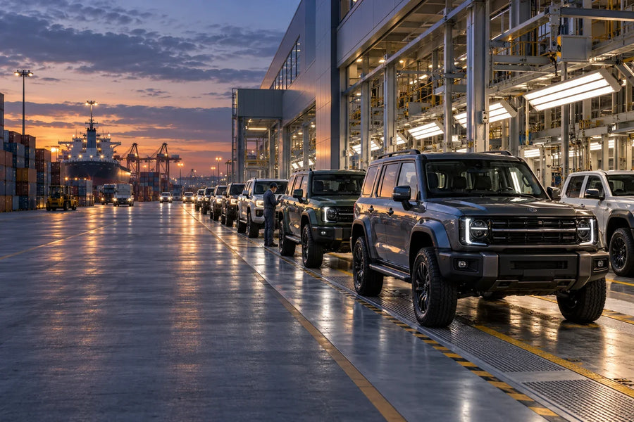 Generic AI editorial concept of unbranded four-wheel drives and pickup trucks at a vehicle logistics hub; not a GWM facility or actual company vehicles