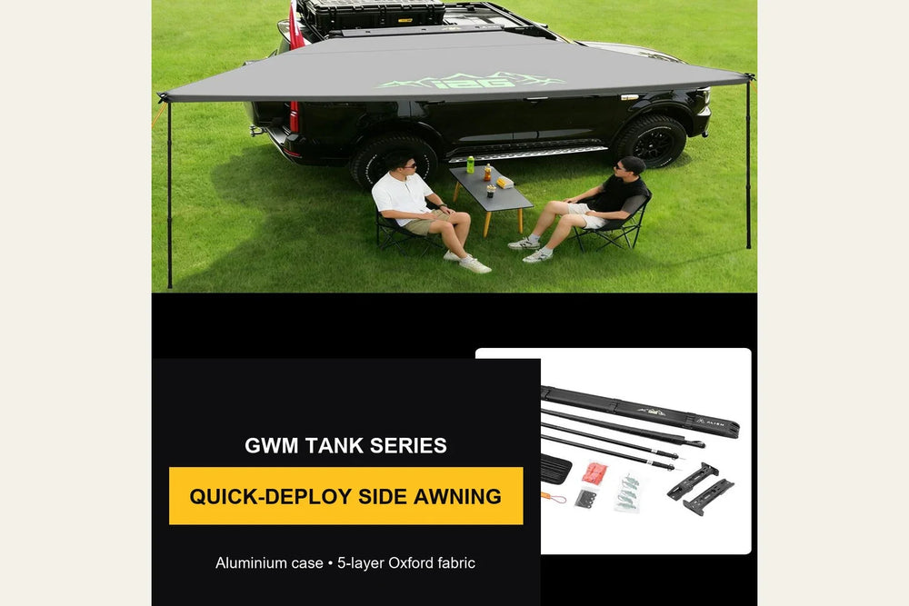 Quick-Deploy side awning product gallery image from Decision Maker 4X4 showing a deployed canopy, poles and packaged components