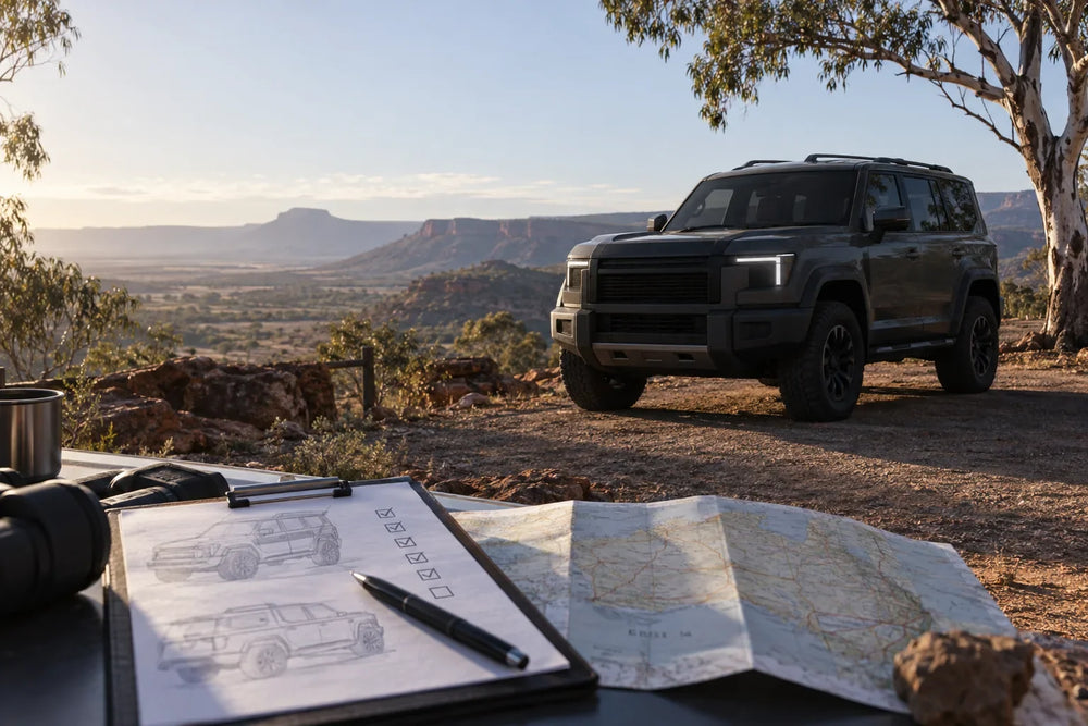 AI editorial concept of an unbadged future 4WD design study in the Australian outback with a planning checklist and map