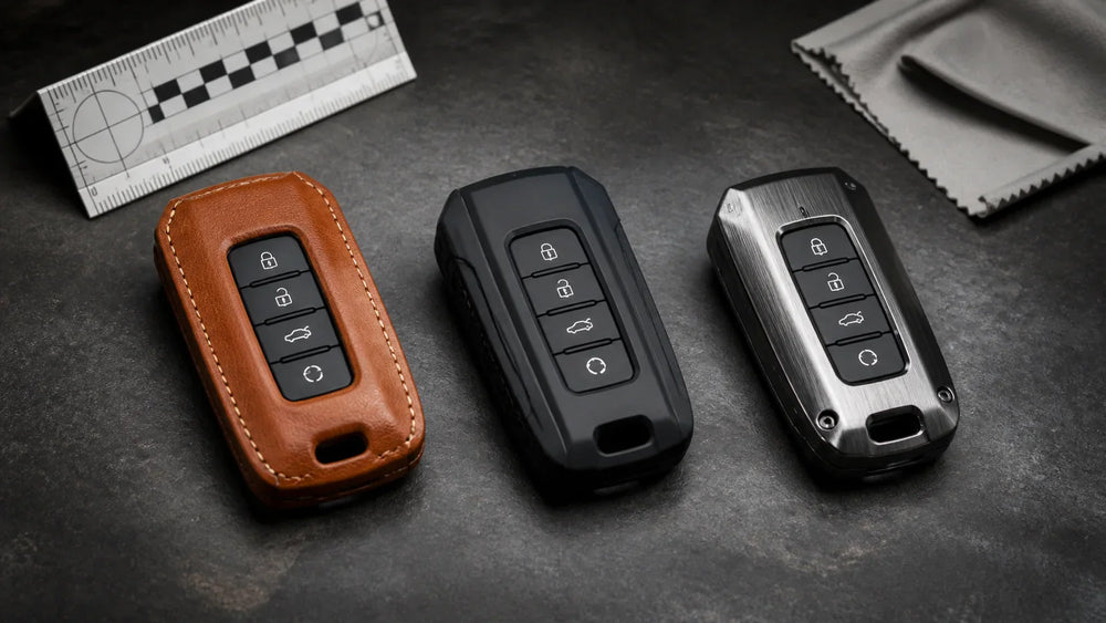 Editorial comparison of generic leather, polymer and aluminium Tank 500 key-fob cover concepts