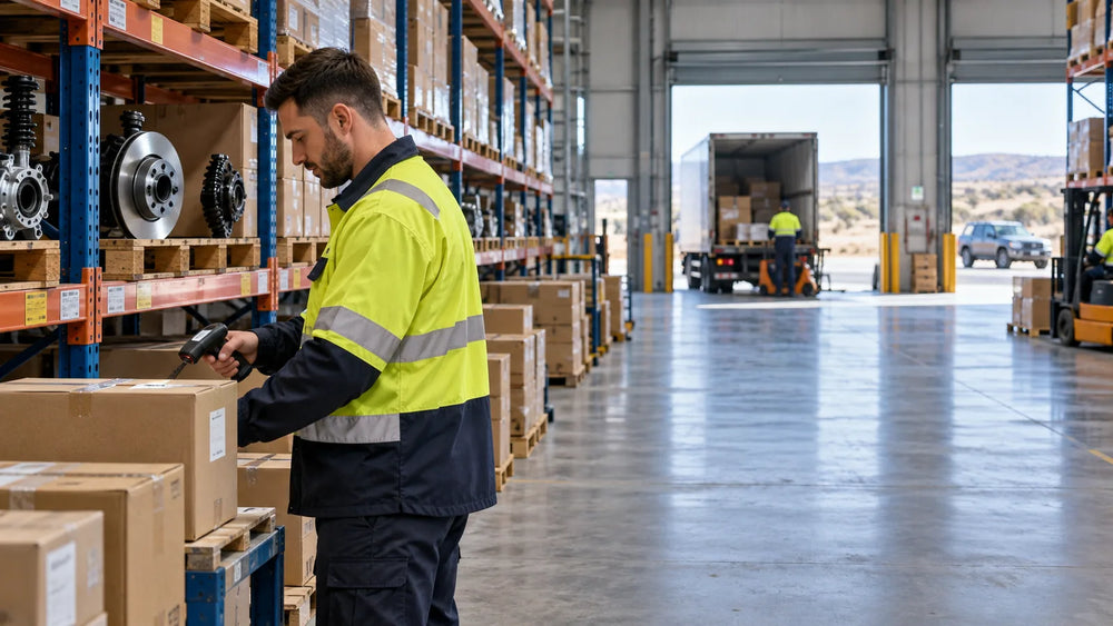 AI editorial concept of a Western Australian automotive parts warehouse with stocked shelves and a worker scanning inventory
