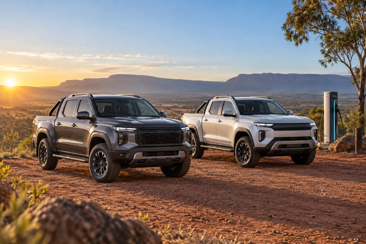 Generic AI concept of two unbranded dual-cab utes in Australia; not a Nissan or GWM launch photograph and not a comparison test