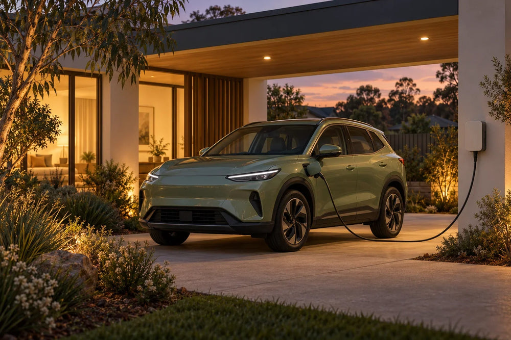 AI-generated editorial illustration of an unbranded compact electric crossover connected to a generic wallbox at a suburban home