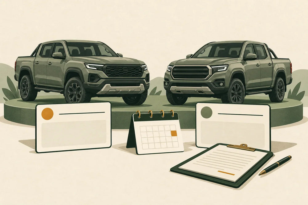 AI-generated editorial comparison of two unbranded dual-cab pickups with blank offer cards, a calendar and a written-quote clipboard