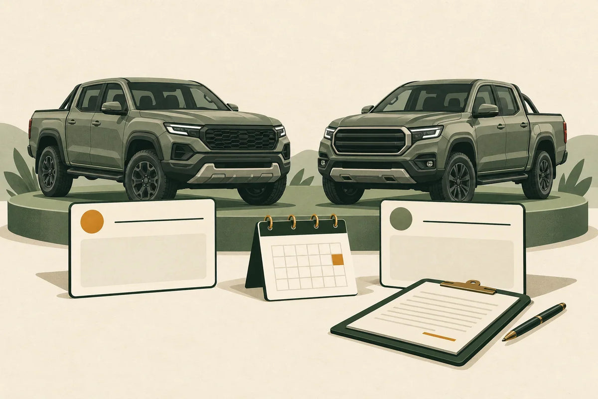 AI-generated editorial comparison of two unbranded dual-cab pickups with blank offer cards, a calendar and a written-quote clipboard