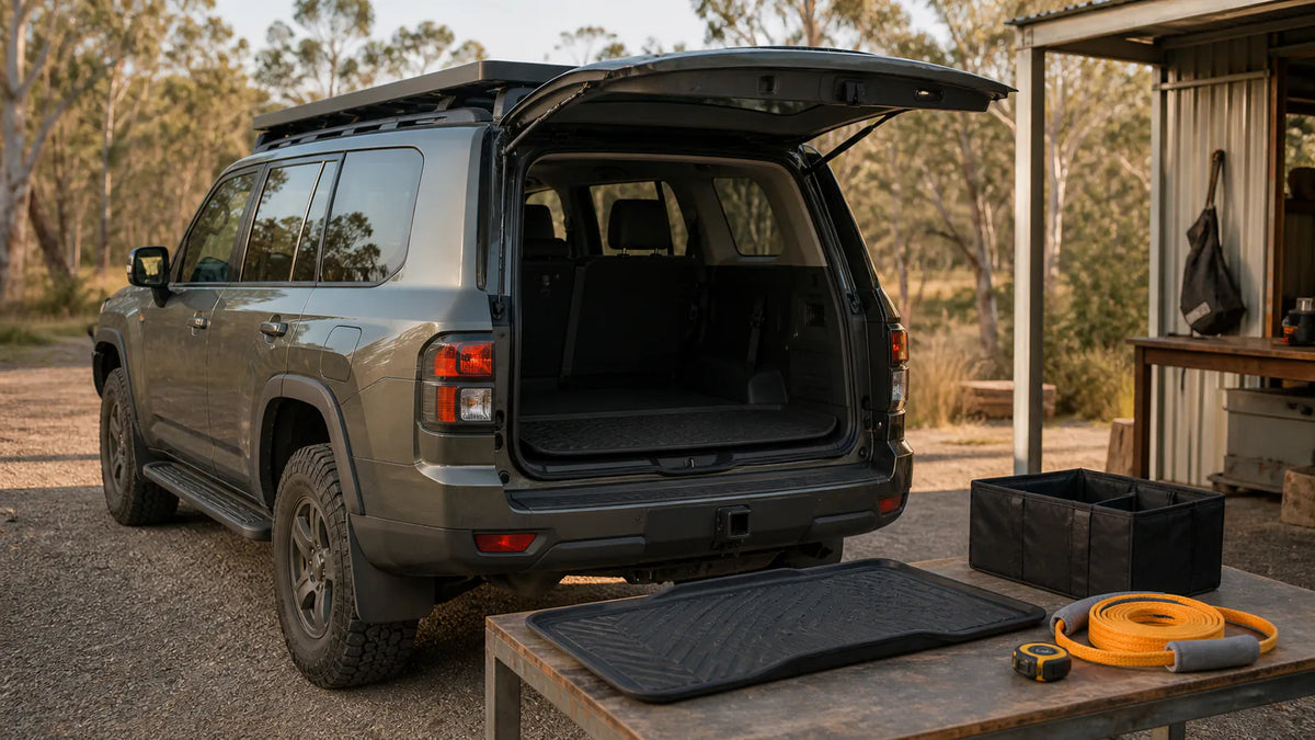 Generic 4WD accessory planning scene with cargo organiser, floor mat, recovery strap and roof platform in an Australian bush setting