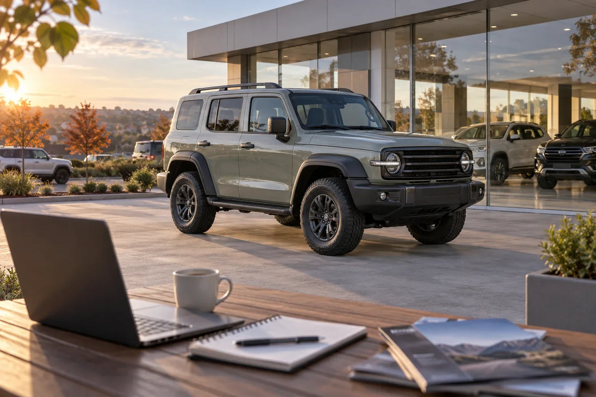 AI concept of an unbranded off-road SUV outside a generic dealership; not a GWM press photo or an actual offer vehicle