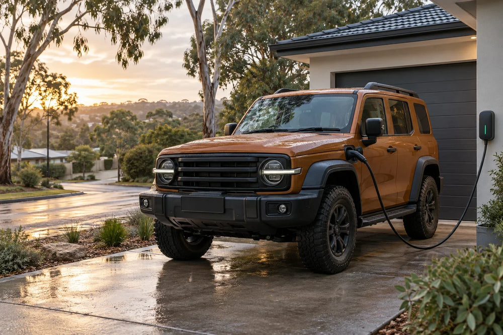 AI editorial concept of an unbranded plug-in hybrid off-road SUV charging in an Australian driveway
