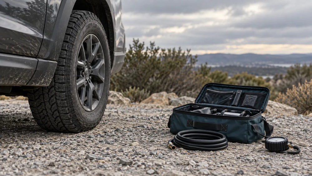 AI concept of a tyre, equipment bag, coiled hose and pressure gauge prepared beside a parked SUV