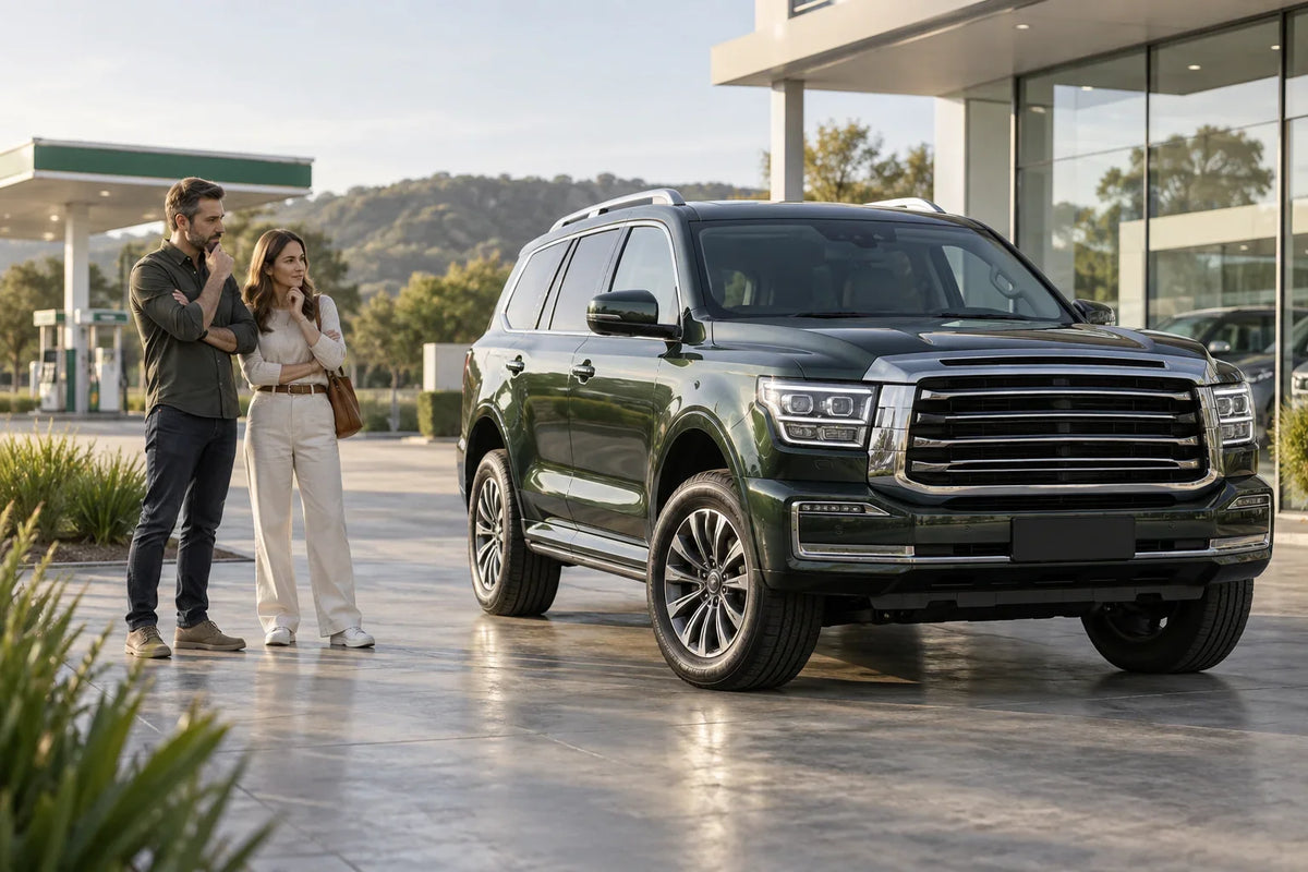 Generic AI editorial concept of an unbranded large 4WD at an Australian dealership; not an actual TANK 500 or GWM promotion photograph